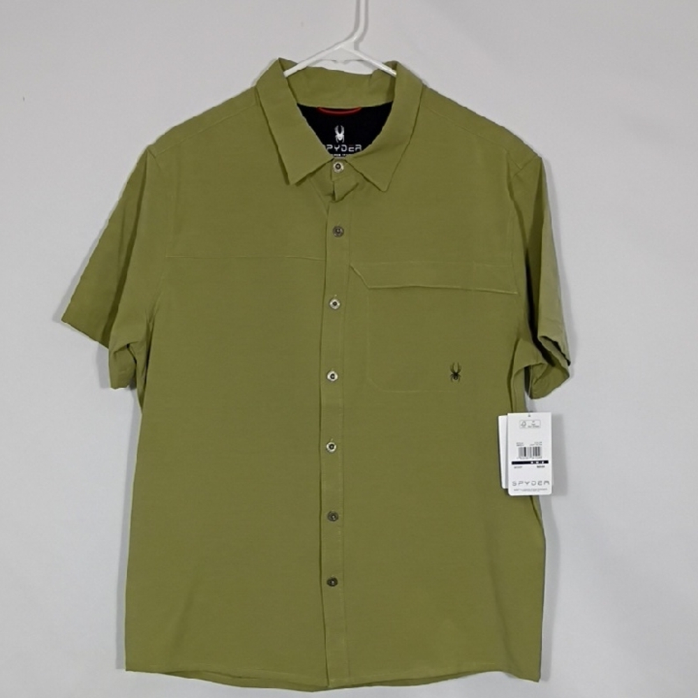 NWT Spyder Men's Light Olive Short Sleeve Vent Back Button Down Tee Size Medium